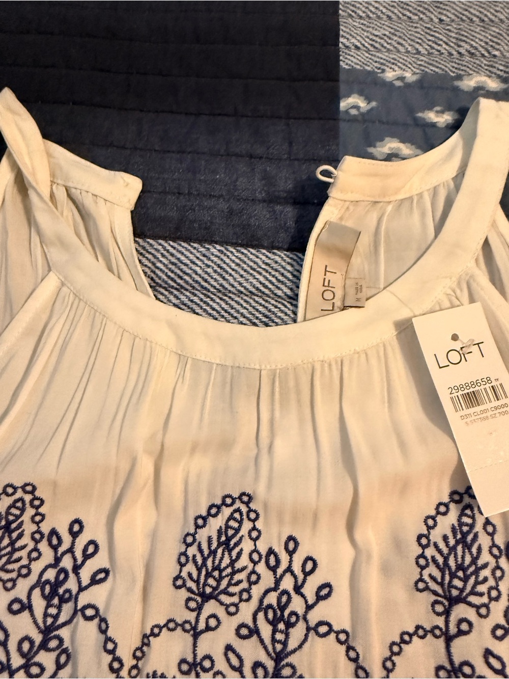 LOFT White Tank Top with Navy Embroidered Floral Border - Picture 2 of 3